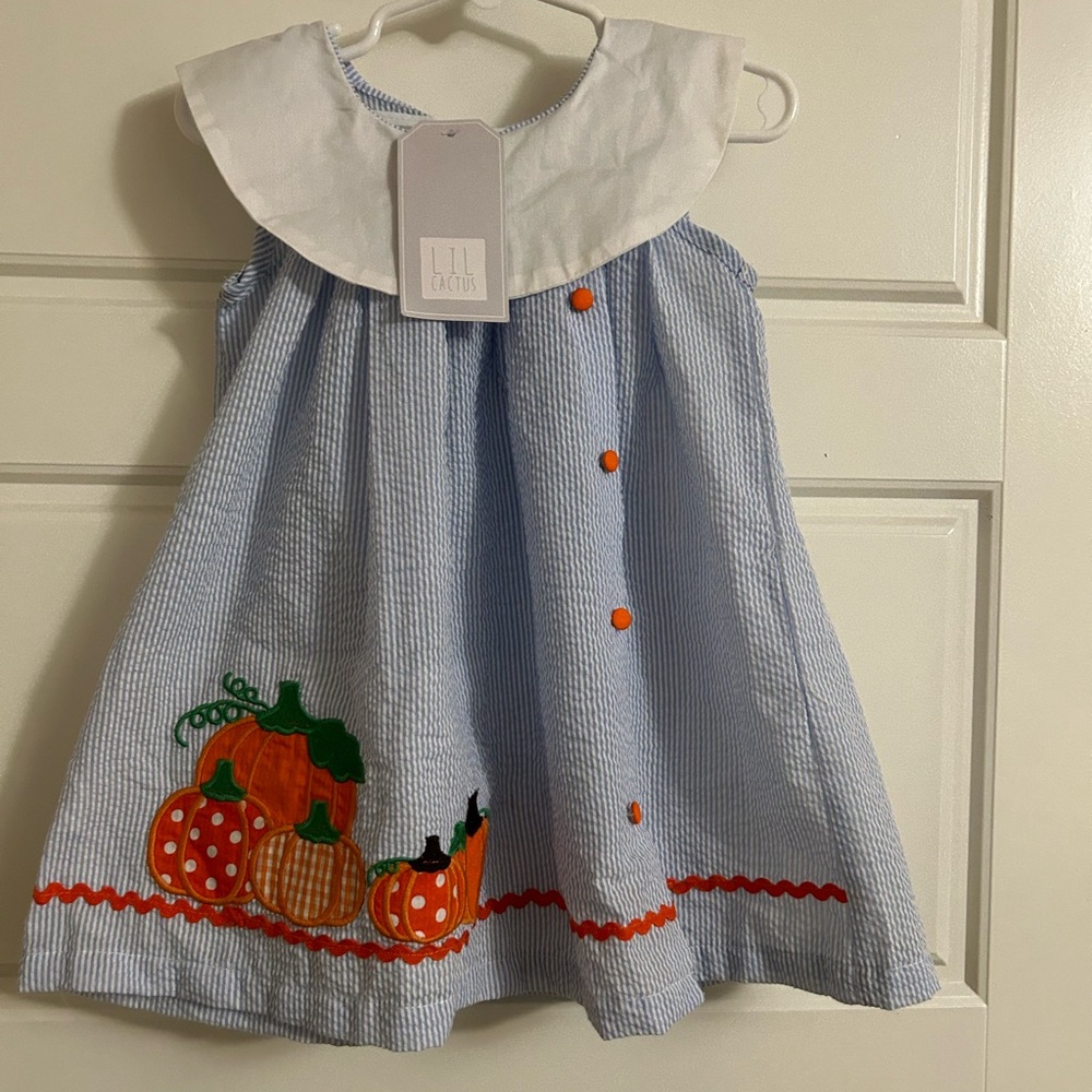 Lil’ Cactus Light Blue Seersucker Pumpkin Yoke Dress NWT.  18-24 months
